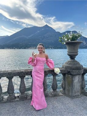 Custom Anne Barge Pink Evening Gown with Puff Sleeve Detail